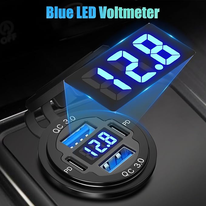 12V USB C Outlet 78W 4 Ports Aluminum Car Charger Socket, Dual PD 30W and Dual QC 18W Car USB Port 12V Charger with Voltmeter and C to C Cable, Suitable for Boat Marine Bus Truck Golf RV Motorcycle