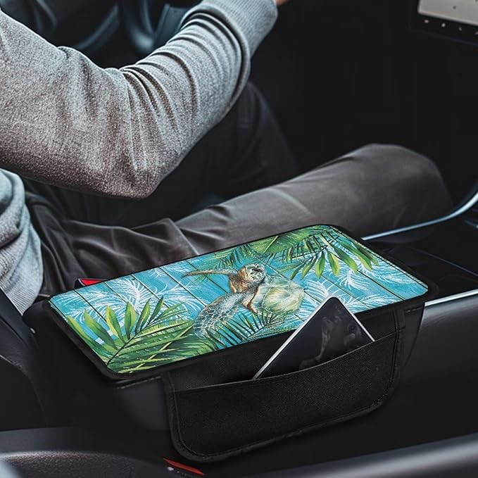 Dreaweet Tropical Leaf Print Car Armrest Cover Sea Turtle Car Accessories Center Console Cover with Pockets,Soft Arm Rest Cover for Car SUV Truck Sedan Van