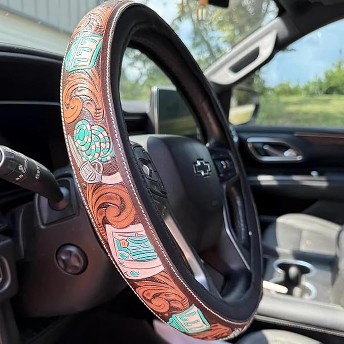 Retro Western Cowboy Car Universal Steering Wheel Cover – Western Steering Wheel Cover for Men & Women - 15 Inch Embossed Leather Anti-Slip Grip–Universal Fit for Truck, SUV, Car (F)