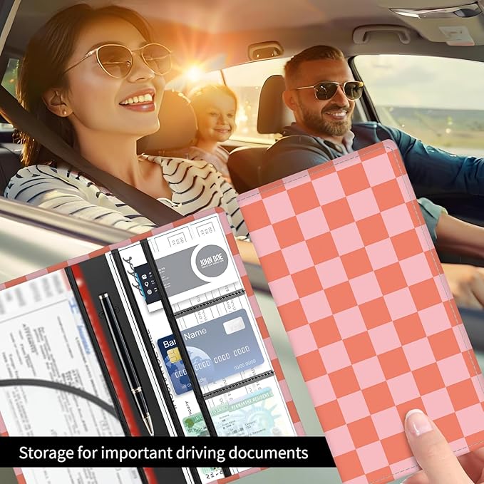 BAUCIWLD Premium Car Registration and Insurance Card Holder, Cute PU Leather Car Document Holder, Vehicle Glove Box Car Organizer with Magnetic Closure for Driver License, Cards Red Checkerboard