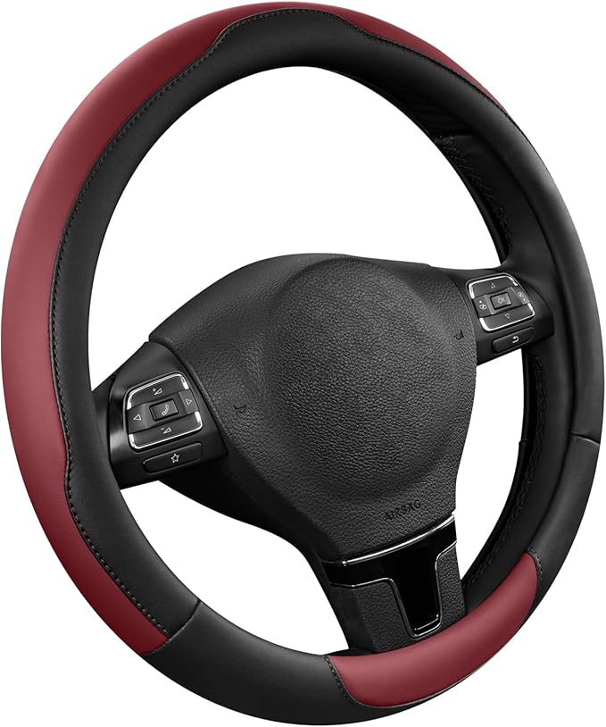 Road Comforts Steering Wheel Cover, Breathable Anti-Slip Leather Steering Wheel Cover, Universal Fit 14.5–15 Inch, Comfortable Grip - Redwine Color