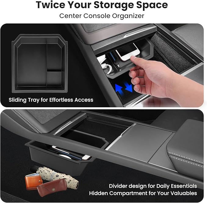 4Pcs Center Console Organizer Tray for Tesla Model 3 Highland 2024 2025 and Model Y Juniper 2025 2026 Accessories, Cup Holder Insert for New Model Y, Armrest Hidden Storage Box for New Model 3