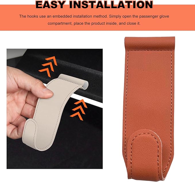 2 PCS Car Co-Pilot Glovebox Hooks, Anti-Scratch Leather Auto Glove Box Storage Hangers, Vehicle Glovebox Organizer Passenger Seat Hanging Hooks for Handbag Purse Umbrellas (Orange)