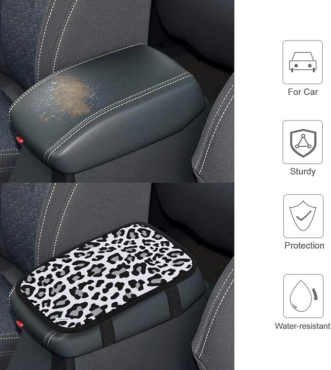Black White and Grey Leopard Print Car Center Console Cushion Pad,Waterproof Armrest Seat Box Cover Protector,Comfortable Car Decor Accessories Fit for Most Cars, Vehicles, SUVs