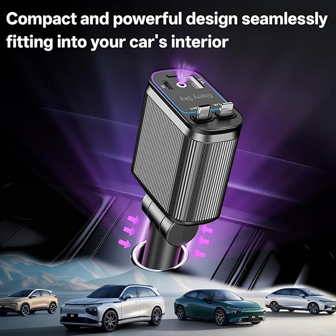 Retractable Car Charger, 4 in 1 Fast Charging Car Charger USB-C & USB-A Compatible with iPhone 16/15/14/13/12/11,Galaxy,Pixel