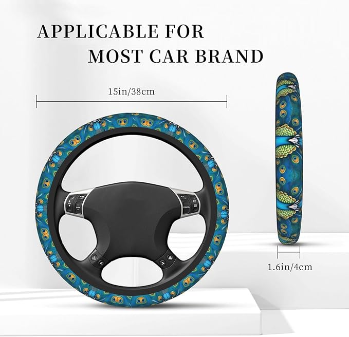 Peacock Feather Painting Universal Fit Steering Wheel Cover for Car, Truck, and SUV, Durable Steering Wheel Protection