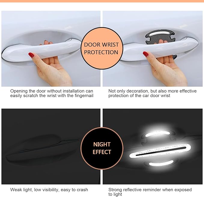 8 PCS Car Door Handle Scratch Protector, 3D Carbon Fiber Car Door Handle Protector, Self-Adhesive Reflective Sticker, Safety Warning, Cars Paint Protection Film (White)