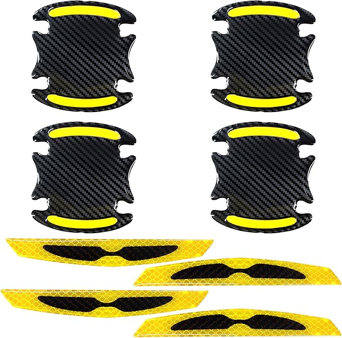 8PCS Car Door Handle Scratch Protector, 3D Carbon Fiber Reflective Sticker, Universal Auto Door Handle Scratch Paint Guard Night Visible Strip (Yellow)