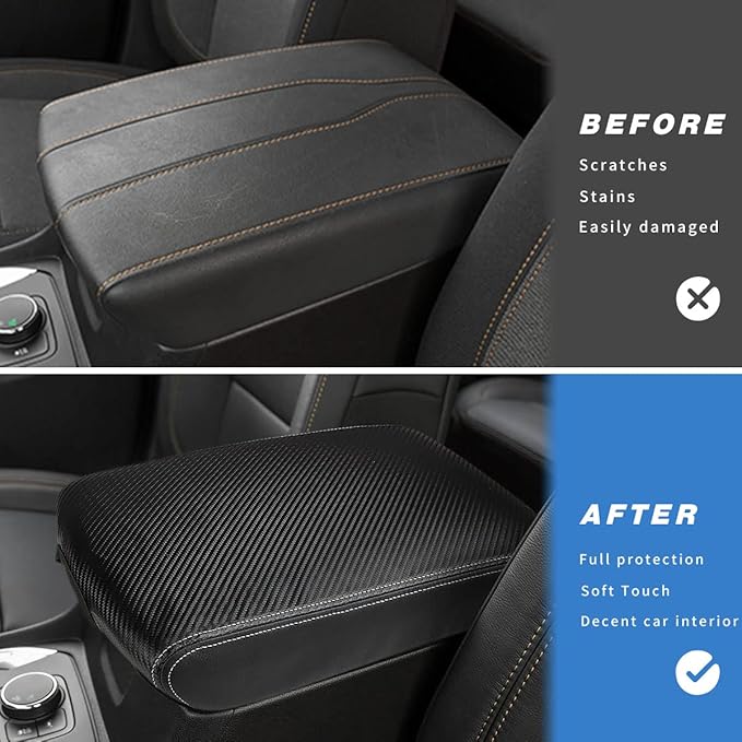 INTGET Center Console Armrest Cover for Chevy Traverse Accessories 2018-2023 2019 2020 2021 2022 Leather Middle Console Lid Pad Protector Elbow Arm Rest Covering Car (Black with Carbon Fiber Texture)