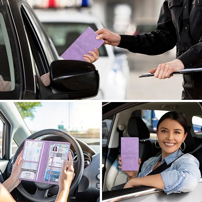 Peisicne Car Registration and Insurance Card Holder for Women Men, Purple Glove Box Paperwork Organizer with Magnetic Buckle for Easy Access and Protect Documents and Various Cards in Vehicle