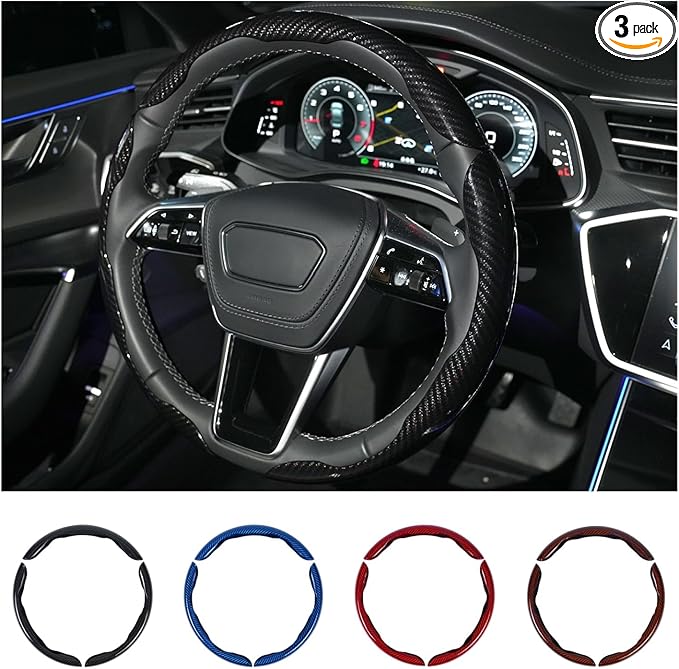 Carbon Fiber Steering Wheel Cover 3PCS Set – Anti-Slip, Scratch-Resistant, Universal Fit for 14–16 Inch Wheels – Interior Car Accessories for Cars, SUVs, Trucks (Black)