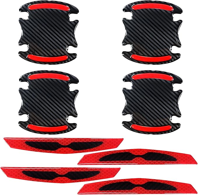 8PCS Car Door Handle Scratch Protector, 3D Carbon Fiber Car Door Handle Reflective Sticker Protective Film, Universal Auto Door Handle Scratch Paint Guard Night Visible Strip (Red)