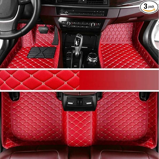 KaiLaiCarCustom Automotive Car Floor Mats for 99.99% Sedan SUV Sports Car Men Women Protection Full Coverage Pads Anti-Slip Leather Floor Lining… (Red Mat Beige Line)