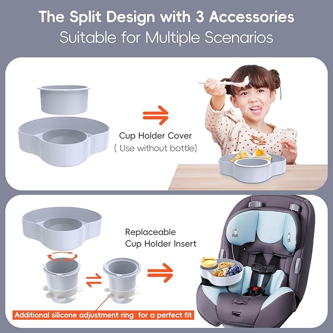 2PCS Resptasski Car Seat Cup Holder Snack Tray for Kids – Travel Tray for Car, Booster, Stroller, Outdoor Essentials Kit. Universal Adjustable Tray with Detachable Base for Snacks, Toys, Food (Grey)