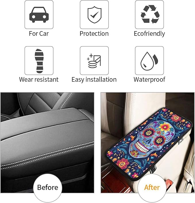 Funny Sugar Skulls Flower Car Center Console Cover Universal Car Armrest Cover Waterproof Auto Armrest Seat Box Mat Protector Decor Car Center Console Cushion Pad for Most Vehicle SUV Truck Car