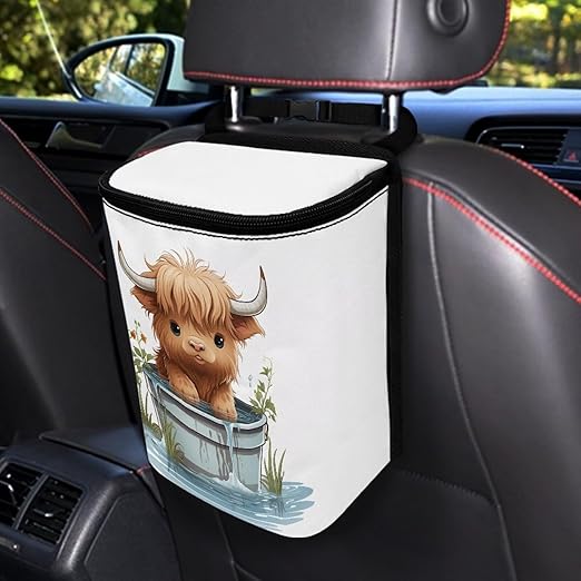 Cute Highland Cow Car Trash Can Easy to Install Hanging Garbage Bin for Back Seat Leak Proof Lightweight Car Garbage Cans Fashion Car Interior Accessories for Most Cars, SUVs