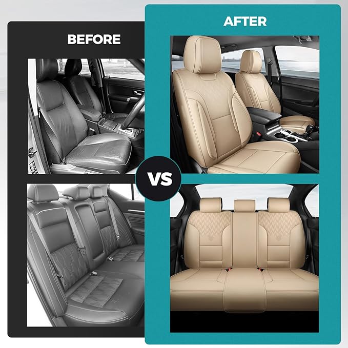 FEINEPRO Beige Car Seat Covers Full Set - Breathable Faux Leather Universal 5 Seat Covers for Cars, Automotive Protector Fit for Most Sedan SUV Pick-up Truck