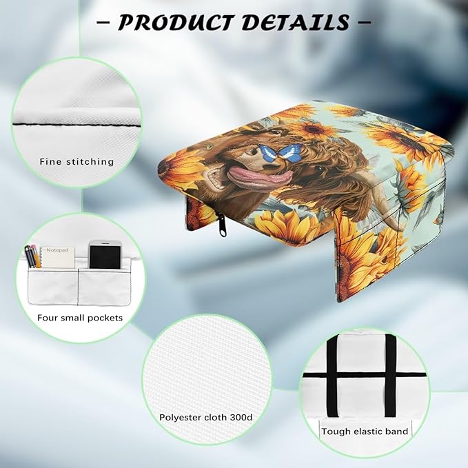 Dreaweet Sunflower Highland Cow Arm Rest Cover for Car Women Thick Center Console Cover with Pockets Soft Comfortable Car Armrest Cushion Universal Console Covers for SUV Trucks
