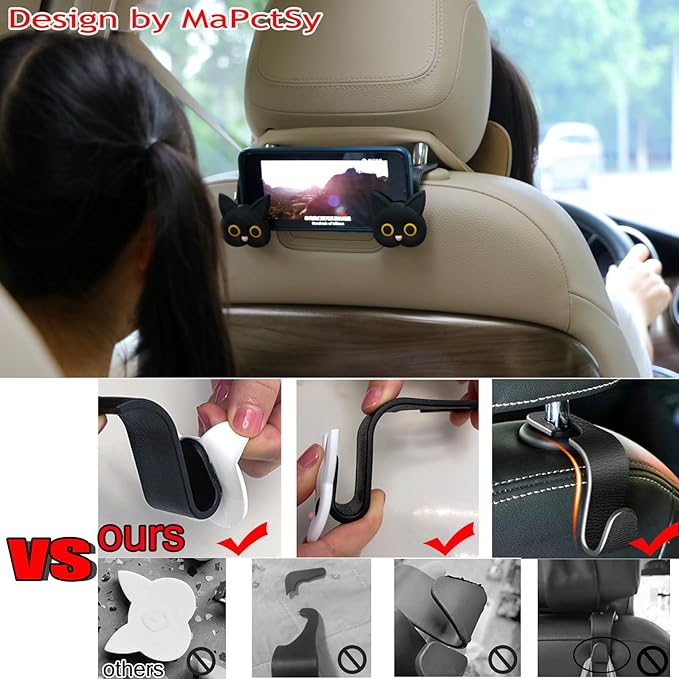 Cute Cat Hooks Cartoon Hanger Purse Hook Holder Car Storage Organizer Universal Car Seat Headrest Storage Hanger for Hanging Handbag Grocery Bags(White)