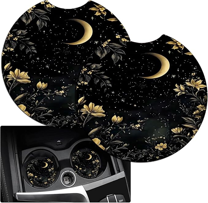 JANENFNA Car Armrest Cover Pads Universal Fashion Cute Auto Center Console Armrest Cover Pad with 2PCS Car Coasters Soft Waterproof Car Armrest Seat Protector for Women,Moon and Flowers