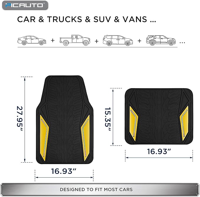 PIC AUTO Rubber Floor Mats, Yellow Aluminum Film with Colorful Piping Floor Mats for Cars, Car Mats with Non-Slip Backing, All-Weather Protection, Trim-to-Fit Liner for Cars, SUVs, Trucks, Vehicles