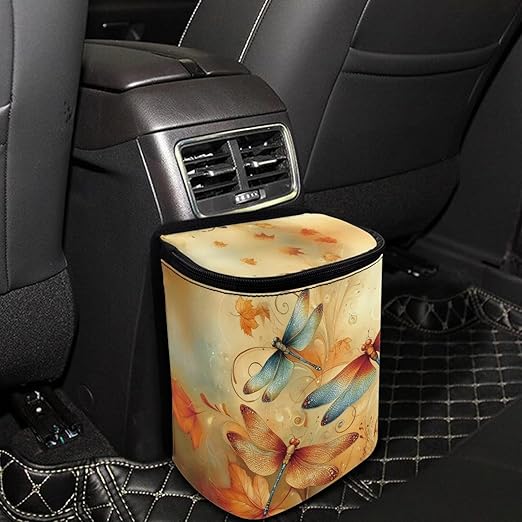 Car Trash Can with Lid Hanging Car Trash Bag Leak-Proof Portable Cars Garbage Bin Sedan Accessories Interior Cars Organizer, Dragonfly Print