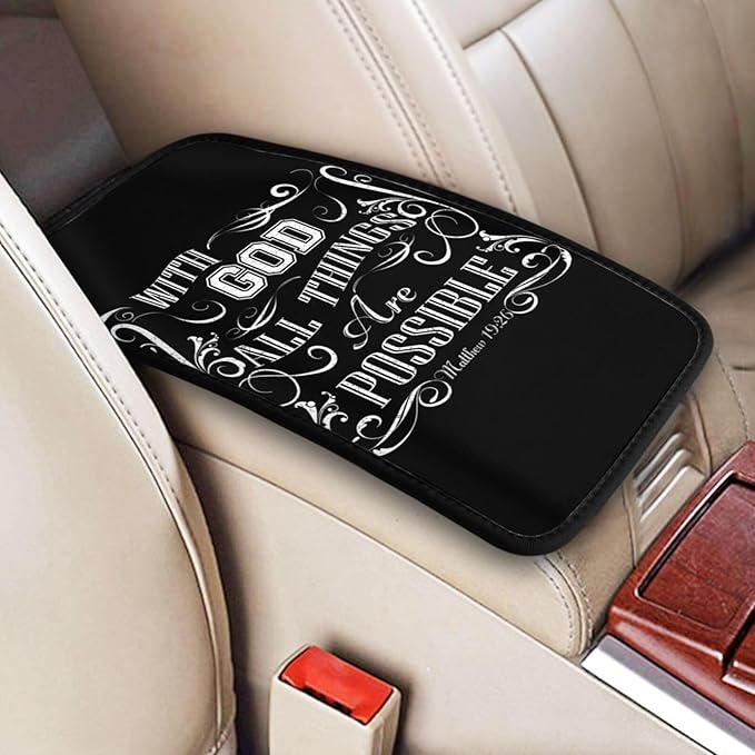 Christian Faith Jesus-With God All Things Are Possible Car Armrest Pad Center Console Cushion Cover Universal Fit Decorative Auto Accessories Handrail Box Lid Protector Soft Comfort For Most Car