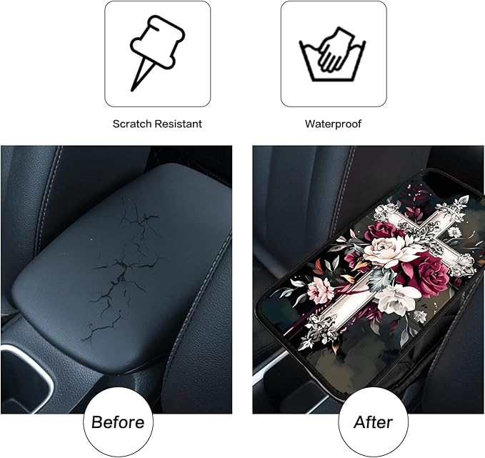 JANENFNA Car Armrest Cover Pads Universal Fashion Cute Auto Center Console Armrest Cover Pad with 2PCS Car Coasters Soft Waterproof Car Armrest Seat Protector for Women,Rose on Cross
