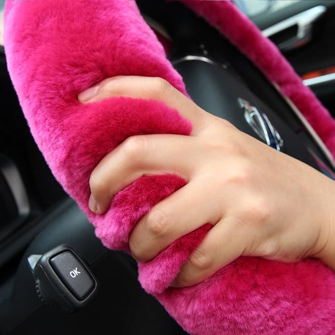 Genuine Fur Fur Wool Sheepskin Fuzzy Blue car Steering Wheel Cover, Fluffy Soft Protector for Universal Steering Wheel 14 1/2-15 1/2inch, Anti-Slip, Soft (Blue)