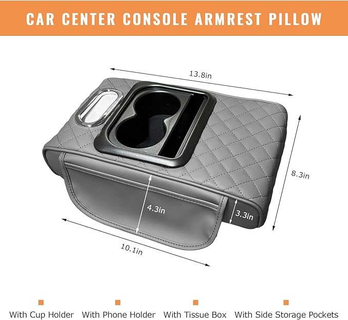 Car Center Console Armrest Pillow, 5-in-1 Armrest Cushion w/ 2 Side Bags, Tissue Box Slot, Cup & Phone Holder, Multifunctional Leather Auto Arm Rest Cover Storage Organizer (Gray, Embroidered)