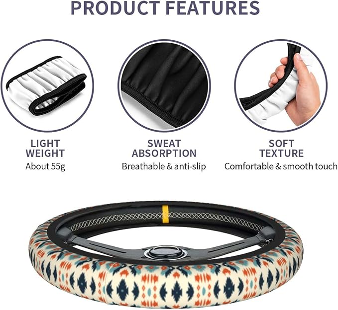 Aztec Steering Wheel Cover with 2 Car Coasters Non Slip Neoprene for Women Men Universal 15 Inch