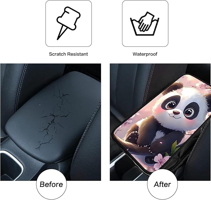 JANENFNA Car Armrest Cover Pads Universal Fashion Cute Auto Center Console Armrest Cover Pad with 2PCS Car Coasters Soft Waterproof Car Armrest Seat Protector for Women,Pink Flower Panda