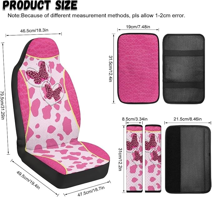 Psesaysky Pink Cow Butterfly Car Seat Cover Set of 5, Breathable Front Seat Protectors for Vehicles with 2 Seat Belt Covers and 1 Console Pad, Gifts for Women Men