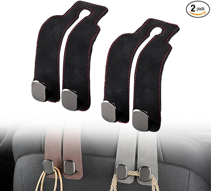 Velocury Car Seat Hooks for Purses and Bags, Foldable Headrest Hooks for Car, Faux Suede Back Seat Organizer for Groceries, Handbags and Accessories (Black, Pack of 2)