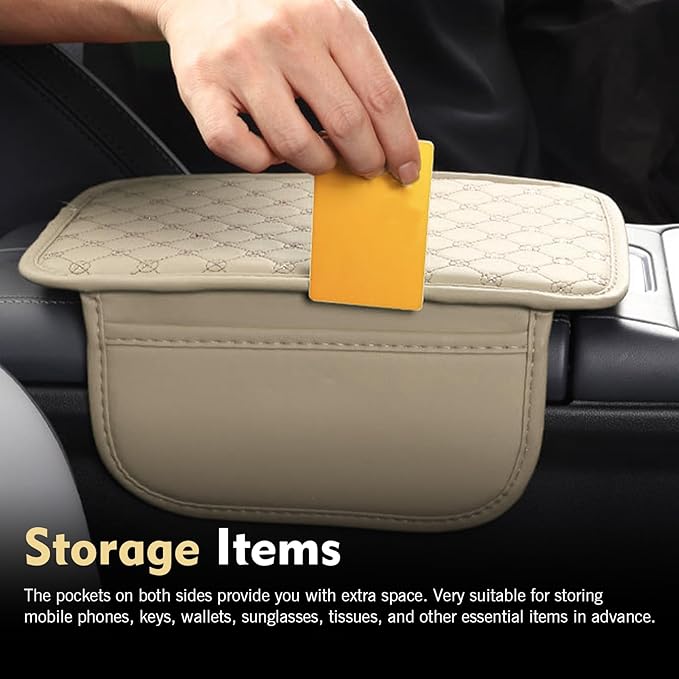 Car Center Console Cover, Leather Waterproof Armrest Cover Protector with 2 Side Storage Bags, 7.87" x 11.8" Comfort Anti-Slip Armrest Seat Box Pad, Universal for Most Cars (Beige)
