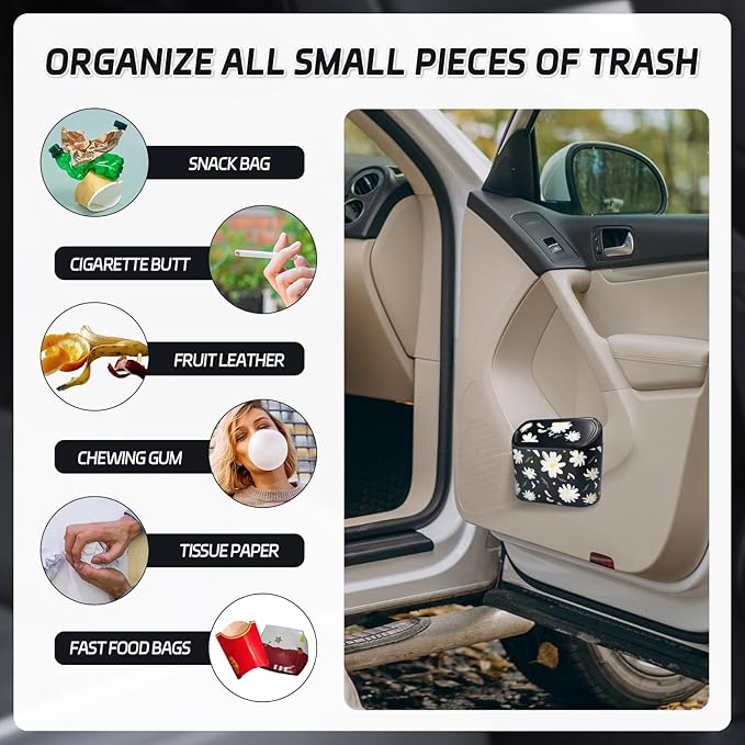 Mini Car Trash Can with Lid – Cute Floral Car Interior Accessory with 5 Trash Bags, Small Automotive Organizer for Front and Back Seat, Universal Fit Trash Bin for SUV, Sedan, Truck, Office or Home