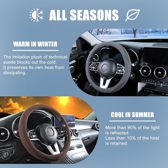 Brown Suede Steering Wheel Cover Large for Model X Model S Ford F150 F250 F350, Breathable Non-Slip Sweat-Proof Wear-Resistant, Warm in Winter and Cool in Summer, 15.5 inch to 16 inch