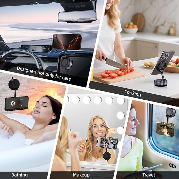 Jikasho Vacuum Magnetic Suction Phone Holder, Foldable and Retractable Hands-Free Suction Cup Phone Mount for Car/Gym/Mirror/Smooth Surface, Compatible with iPhone Android and All Smartphones (Black)