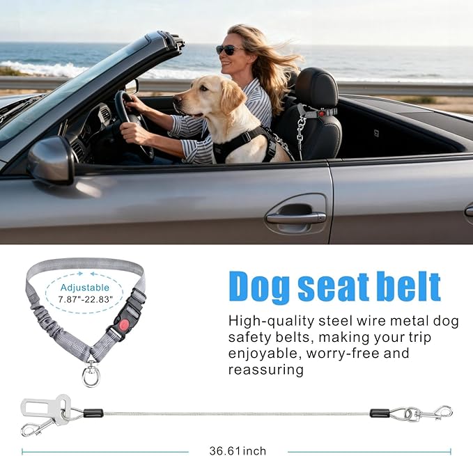 Idepet Dog Seat Belt for Car, 2 Pcs Stainless Steel Chew Proof Dog Seatbelt 3 in 1 Harness for Safety Heavy Duty Pet Seat Belt for Medium & Large Dogs (Grey