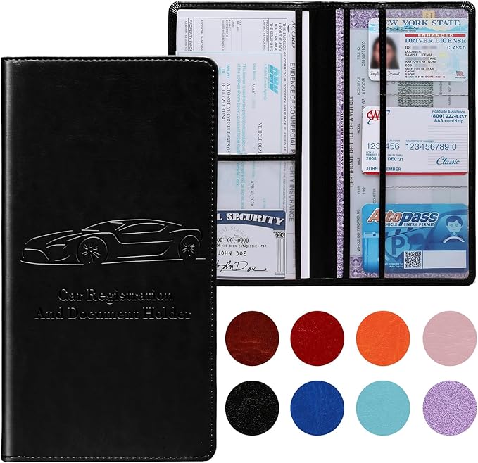 Peisicne Car Registration and Insurance Card Holder for Women Men, Black Glove Box Paperwork Organizer with Magnetic Buckle for Easy Access and Protect Documents and Various Cards in Vehicle