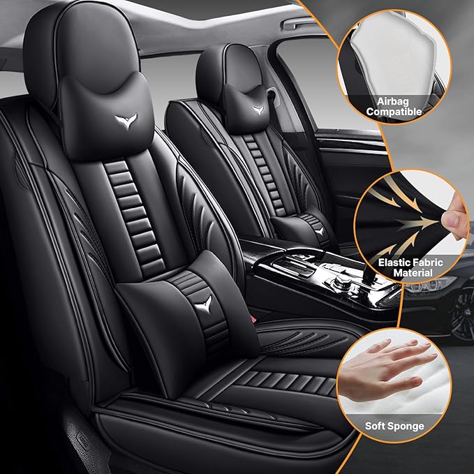 Pengchen Full Set of Universal Fit Automotive Seat Covers fit for Honda Civic 2017-2025, PU Leather Automobile Interior Sets with Headrest & Back Pillow Black & Black Line