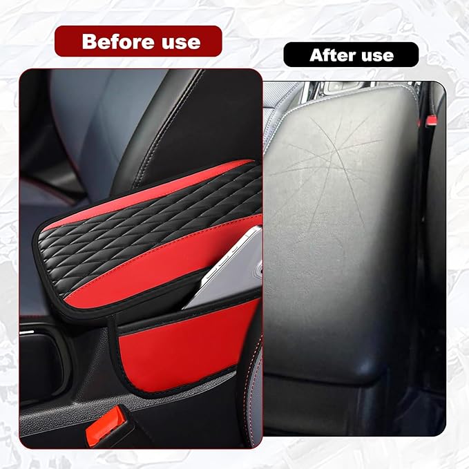 Leather Car Center Console Cover with Side Storage Pockets, Universal Leather Waterproof Armrest Pad Protector & Organizer for Cars, Vehicles, SUVs Interior Decor Stylish Car Decoration (Red)