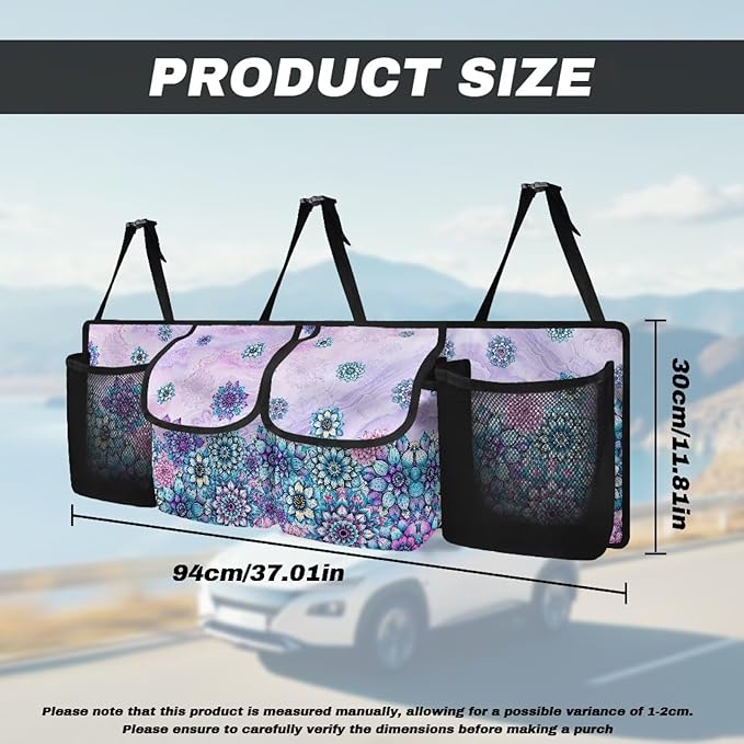 Car Trunk Organizer & Backseat Hanging Organizer with 2 Large Storage Bag & 2 Mesh Pockets,Trunk and Backseat Storage Bag for SUVs & RVs,37.01x11.81 inch,Purple Mandala Floral