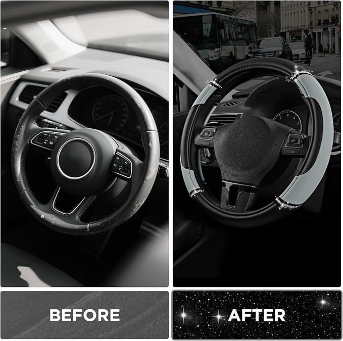 Road Comforts Leather Steering Wheel Cover - Made with PVC Leather - Anti-Slip, Universal Fit 14 1/2 inches to 15 inches - Gray