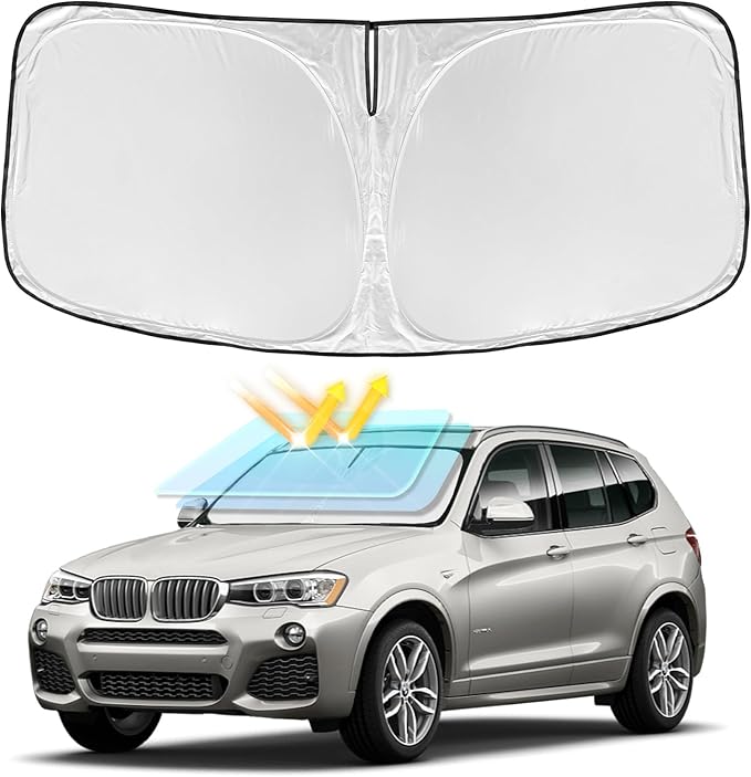 for BMW X3 2011-2017 Windshield Sun Shade - 4 Layers Car Sunshades for Front Windows Shade Cover Custom Fit X3 Sun Visor 240T Retractable Blocks Shade UV Rays Car Accessories