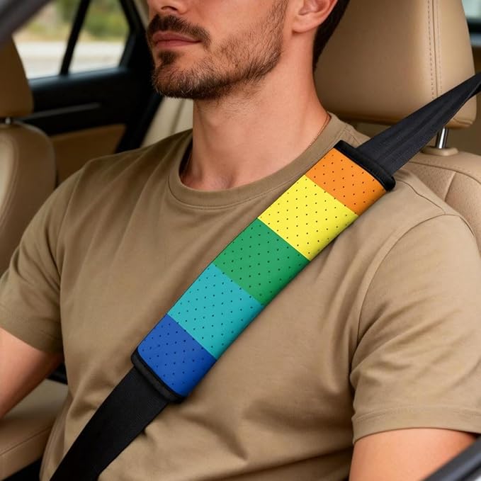 Psesaysky Rainbow Stripe Car Seat Covers Set of 2 with Padded Armrest Cover Seat Belt Pad, Waterproof Car Interior Accessories Unverisal Fit Most Vehicle SUV Turcks