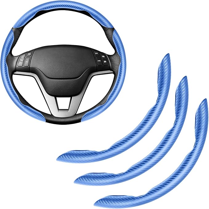 Amiss 3pcs Carbon Fiber Anti-Skid Steering Wheel Cover, Waterproof & Segmented Butterfly Design, Universal 99% Vehicle Wheel Cover Protector, Car Interior Accessories, Blue