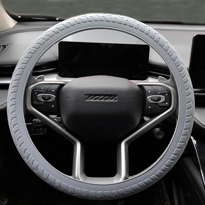 Universal Gray Steering Wheel Cover：13.5 to 15 Inches Flexible Silicone Anti Slip Steering Wheel Protector Fit for Most Car Models Including Round D Shape or Special Shape