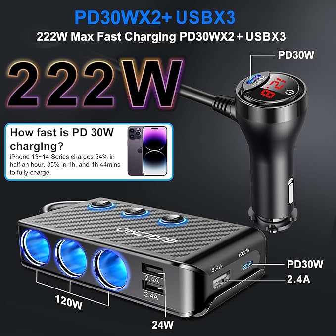 Cigarette Lighter Adapter, 222W 3 Socket Car Cigarette Lighter Plug USB Charger Multi Port 12V Car Plug Outlet Splitter with LED Voltage Display Independent Switches