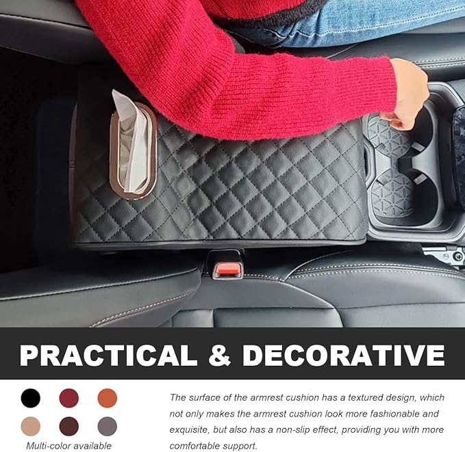 Car Center Console Cushion Pad, Comfy Leather Foam Car Armrest Console with Tissue Box, Universal Waterproof Car Armrest Cover with Height Increase, Car Armrest Accessories (Black)